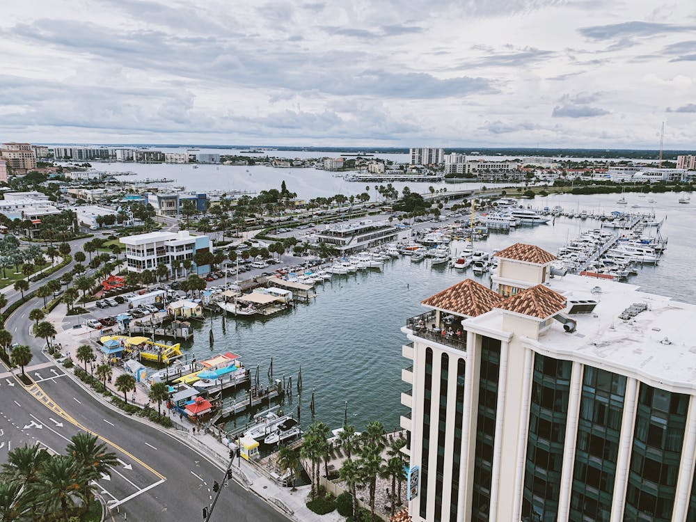 Aerial view of Tampa Bay near the Courtney Campbell Causeway and Ben T. Davis Beach